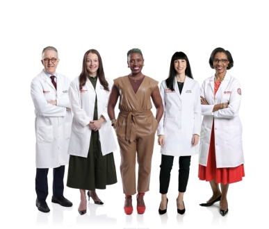 Composite image of a patient and her care team.