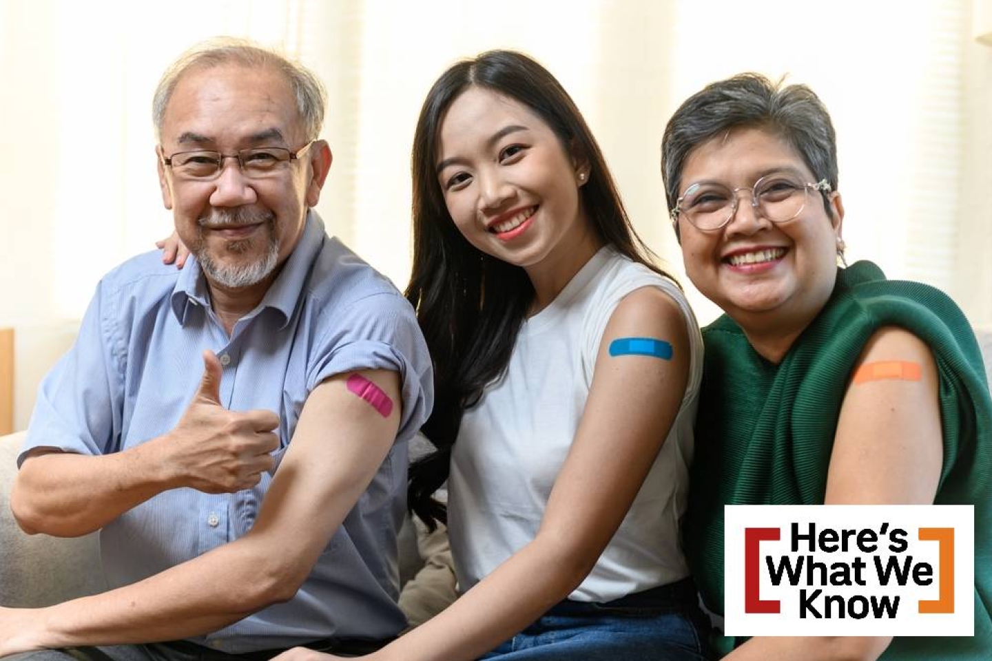 Group of diverse age Asian people family senior showing bandage plaster on arm after received covid vaccination for prevent covid-19 infection. Coronavirus pandemic protection health care concept.