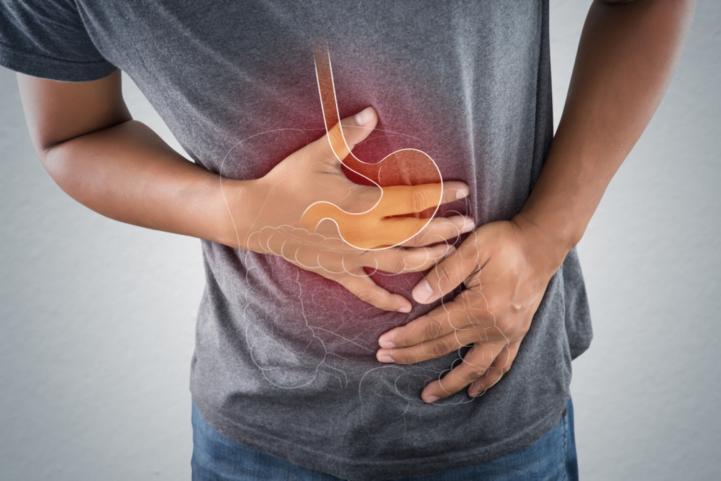 The photo of stomach and internal organs is on the men's body against gray background