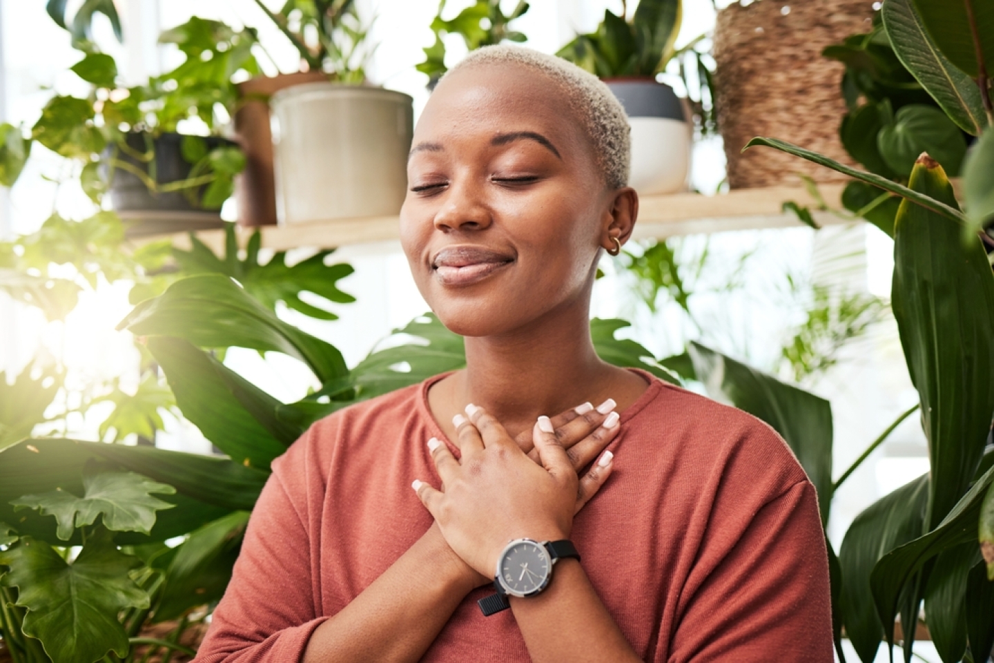 Balance, breathing and young woman by plants for zen meditation