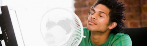 Boy seeks cool comfort in fan
