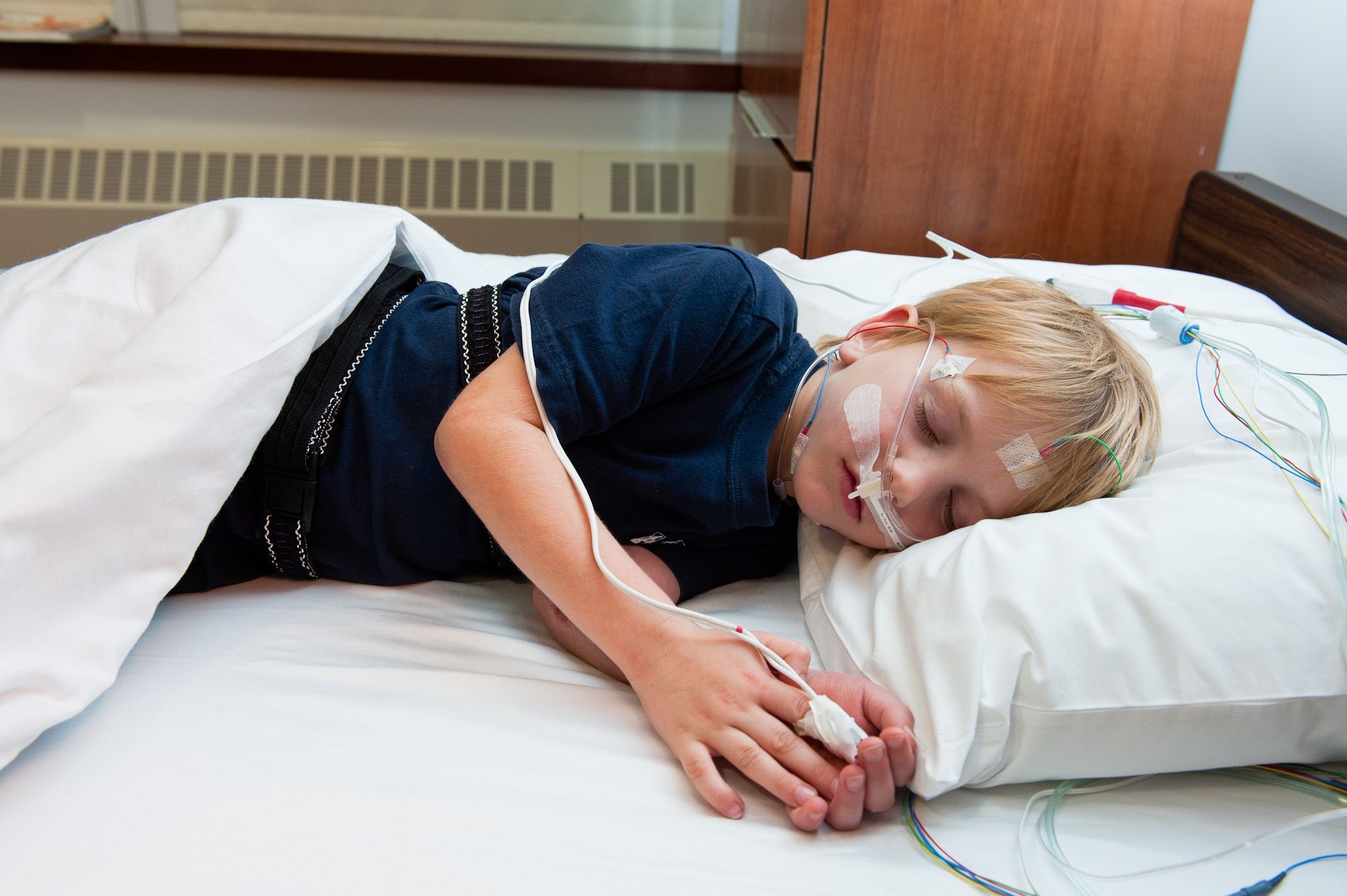 A pediatric patient at Weill Cornell Medicine undergoing a sleep study.