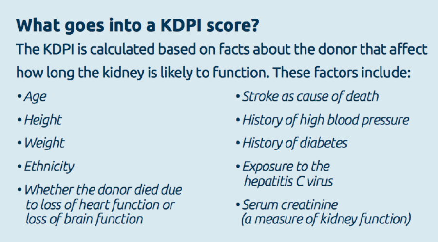 The 10 donor factors that are used to calculate a donor's KDPI Score