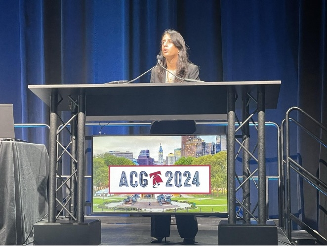 Rhea Fogla, a WCM resident, presented research findings from the DIGEST center at the American College of Gastroenterology conference. She described differences between two technologies (EndoFLIP and manometry) that diagnose swallowing disorders and discu