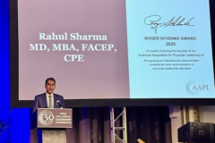Dr. Rahul Sharma receiving the 2025 Roger Schenke Award by the American Association for Physician Leadership