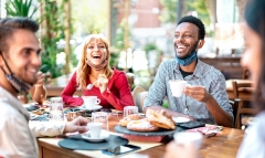 groups of friends having outdoor brunch 