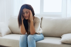 Headache woman sits at home on the couch and touches her head with her hands massage of the temples.