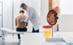 Urology and treatment of kidney disease. Doctor doing kidney exam for male patient with kidney disease, soft focus