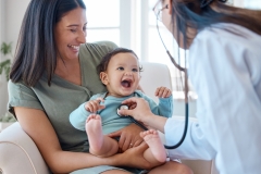 Mother, baby and stethoscope of pediatrician for healthcare consulting