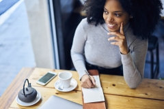 black woman sits as desk with tea
