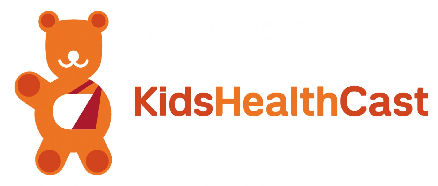 Image of teddy bear in an arm cast next the name of the podcast Kids Health Cast